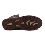 Bota acordonada de cuero sintético color marrón, con suela de goma y detalles de costuras.