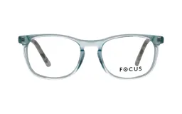 Armazón de anteojos Focus Premium modelo 4183, con marco de acetato translúcido en tono azulado y patillas con diseño estampado.