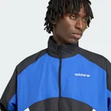 Campera deportiva Adidas Cutline Track Top, modelo en color negro con bloques de color azul y detalles de las icónicas tres tiras blancas en las mangas. Cuenta con cierre frontal completo, cuello alto y elásticos en puños y cintura.