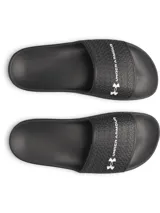 Chancletas Under Armour UA W Armr Slide Lite color negro, de EVA moldeada de una sola pieza, con tira ancha texturizada y el logo de la marca en blanco.