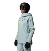 Campera Columbia Titanium de nieve en color celeste, con capucha integrada, bolsillos frontales con cierre y detalles en color amarillo flúor en las cremalleras.