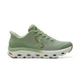 Championes deportivos Skechers Slip-Ins Glide Step, color verde militar, confeccionados con malla transpirable y suela geométrica con amortiguación.