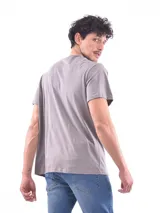 Remera de corte regular, color gris, con cuello redondo y mangas cortas.