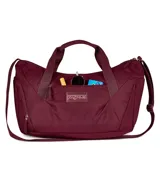 Bolso deportivo tipo duffel de la marca Jansport, color bordó, con doble asa de mano y correa ajustable para hombro. Cuenta con cierre principal, bolsillo frontal con cierre y logo de la marca aplicado.