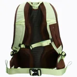 Mochila de 22 litros con diseño técnico, combinando paneles en color verde menta y marrón. Cuenta con respaldo acolchado, bolsillos laterales para botellas, cinta central tipo daisy chain y correas ajustables con silbato de emergencia.