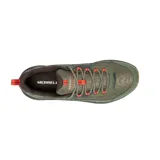 Championes de senderismo Merrell modelo Speed Strike 2 Waterproof, color verde oliva con detalles en naranja y suela marrón. Diseño técnico con malla y cuero sintético, membrana impermeable y suela de goma de alta tracción.