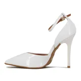 Zapato de tacón alto Vizzano, color blanco charol, con punta fina y tira ajustable alrededor del tobillo.