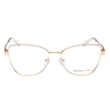 Armazón para lentes Michael Kors modelo 3085, color dorado rosado, con forma de ojo de gato y detalles en acetato transparente en las patillas.