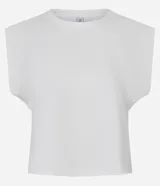 Blusa sin mangas de algodón color negro, con cuello redondo y hombreras marcadas.