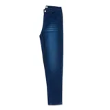 Pantalón de jean azul índigo con diseño de cinco bolsillos, cierre de cremallera y botón metálico. Presenta un corte ajustado a lo largo de la pierna y un acabado de lavado localizado en la parte frontal.