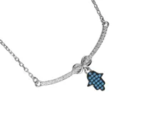 Collar de plata 925 con cadena de eslabones, dije de mano de Fátima con incrustaciones de turquesa y detalle de infinito con circonitas.