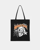 Tote bag de tela negra con estampado gráfico frontal que incluye una calavera, estrellas, una telaraña y la inscripción World Tour C.R.O en color naranja.