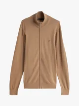 Sweater Tommy Hilfiger color beige de algodón, con cuello perkins, cierre de cremallera, corte regular y logo bordado en el pecho.