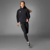 Campera deportiva Adidas de running, color negro, con cierre frontal completo, cuello alto y logo de la marca estampado en el pecho.