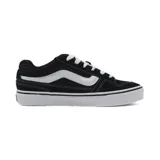 Championes Vans modelo Caldrone, de estilo urbano inspirado en el skate de los años noventa. Presentan un diseño en color negro con detalles en blanco, confeccionados en una combinación de gamuza y malla. Incluyen la icónica franja lateral de Vans, cuello y lengüeta acolchados, y una suela vulcanizada que brinda soporte y comodidad.