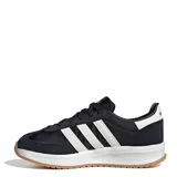 Championes Adidas Run 72S 2.0 de estilo urbano, color negro con las icónicas tres tiras laterales en blanco. Presentan una mediasuela Cloudfoam blanca para mayor amortiguación y una suela de goma color caramelo.