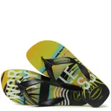 Sandalias tipo ojotas Havaianas con estampado playero degradado en tonos azules, verdes y naranjas. Presentan tiras anchas en color celeste con el logo de la marca en relieve.