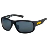Lentes de sol Cat modelo Cts Fused con armazón envolvente de color negro mate y cristales polarizados oscuros. Presentan detalles en amarillo con el logo de la marca en las patillas y almohadillas nasales ajustables.