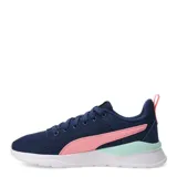 Championes deportivos Puma Anzarun Lite, confeccionados en malla textil azul marino con detalles en rosa y verde agua. Presentan el logo de la marca en el lateral y en la puntera, con suela blanca de espuma EVA.