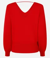 Blusa de punto color rojo con escote en V, mangas largas y hombreras.