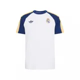 Remera deportiva de manga corta Adidas Originals del Real Madrid, de color blanco con mangas azules y detalles en amarillo. Incorpora el logo del trébol y el escudo del club bordados en el pecho.