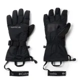 Guantes de esquí Columbia color negro, impermeables y cortavientos, con tecnología Omni-Tech y Omni-Heat. Cuentan con puños ajustables con velcro, cordón elástico, correa de seguridad amovible y refuerzo en la palma y dedos pulgar e índice compatibles con pantallas táctiles.