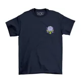 Remera de algodón color azul marino con estampa pequeña de Mojo Jojo en el pecho y estampa grande en la espalda.