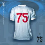 Camiseta de fútbol celeste con cuello en V y mangas cortas con ribete blanco. Escudo de Uruguay bordado en el pecho.