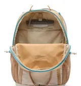 Mochila Columbia Echo Mountain de 25 litros, color beige y marrón claro con detalles en azul turquesa. Cuenta con un compartimento principal, un bolsillo externo con cierre, correas de hombro ajustables, dos bolsillos laterales de malla para botellas de agua, y múltiples asas de agarre.