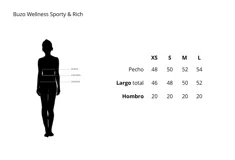 Buzo azul marino de algodón con cuello redondo y mangas largas. Presenta rayas blancas y rojas en la parte superior de las mangas y la inscripción "WELLNESS Sporty & Rich" en blanco en el frente.