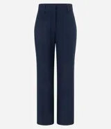 Pantalón de vestir azul marino, de corte recto y cintura alta, con frisos verticales y bolsillos falsos delanteros.