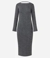 Vestido midi de tejido canelado con efecto metalizado, corte ajustado, cuello redondo y mangas largas. Presenta un diseño elegante con abertura en la espalda.