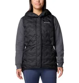 Campera híbrida Columbia con cuerpo acolchado negro y mangas de tejido gris. Presenta capucha integrada, cierre frontal y bolsillos laterales con cierre.