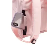 Mochila Cabaia modelo Adventurer Hanoi, color rosa con detalles en negro y marrón. Tiene sistema MOLLE para sujetar bolsillos delanteros y laterales, compartimento acolchado para tableta o pc, correa para sujetar a la maleta y tirantes acolchados antitranspirantes.