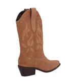 Bota de caña media color caramelo, de gamuza, con bordado de estrellas en el empeine y laterales.