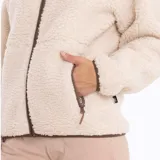 Campera polar color crema con cierre frontal, cuello alto y ribete marrón.