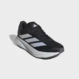 Championes de running Adidas Duramo SL 2, color negro con tres franjas laterales plateadas y entresuela blanca gruesa.
