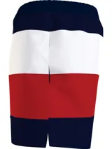 Short de baño con diseño de bloques de color horizontal en azul marino, blanco y rojo. Cuenta con cintura elástica con cordón ajustable y forro interior.