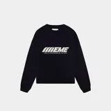 Buzo oversize negro de manga larga, con cuello redondo y estampa frontal blanca con el texto "EME" y la frase "LISTEN TO YOUR FEELINGS, FEEL THE YOUTH".
