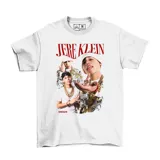 Remera blanca de algodón con estampado fotográfico frontal del artista Jere Klein y tipografía en color rojo.