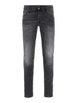 Jean de corte slim fit con tiro bajo, confeccionado en denim elástico de color gris oscuro con efecto lavado. Presenta diseño clásico de cinco bolsillos, cierre frontal con botón y costuras reforzadas.