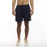 Short de baño azul marino con cintura elástica ajustable con cordón, bolsillos laterales y logo de Wrangler estampado en blanco en la pierna izquierda.