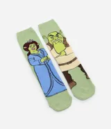 Par de medias de caña alta color verde con estampado de Shrek y Fiona.