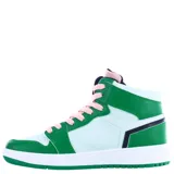 Zapatillas deportivas de caña alta color blanco con detalles en rosa y naranja, con cordones blancos.