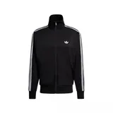 Campera deportiva Adidas modelo Firebird, color negro con las icónicas tres tiras blancas en las mangas y logo del trébol bordado en el pecho. Cuenta con cuello alto, cierre frontal y bolsillos laterales.