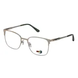 Armazón de anteojos MDQ modelo M34, con marco metálico en color gris mate, diseño de frente cuadrado y patillas con terminales en contraste.