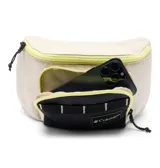Riñonera Columbia modelo Zigzag II, de diseño bicolor en beige y negro con detalles en verde neón. Cuenta con compartimento principal con cierre, bolsillo frontal con cierre, correas ajustables con hebilla y logo de la marca en el frente.