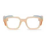 Armazón de anteojos Mr Boho modelo Baldosa, con diseño cuadrado en color beige translúcido, detalles en celeste en la parte superior y acentos en naranja en los laterales.