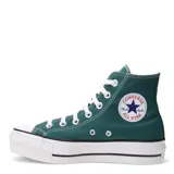 Championes de caña alta Converse modelo Chuck Taylor Lift, color verde oliva, con suela de plataforma blanca y cordones blancos. Presenta puntera de goma y diseño clásico de lona.