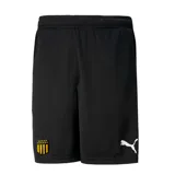 Short deportivo Puma del Club Peñarol para hombre, color negro con cintura elástica. Presenta el escudo del club en la pierna derecha y el logo de Puma en blanco en la pierna izquierda.